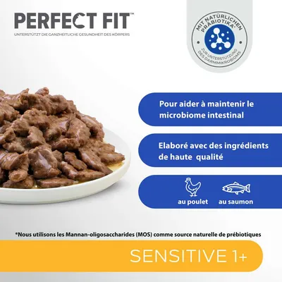 PERFECT FIT SENSITIVE 1+ au poulet et au saumon, aide à maintenir le microbiome intestinal, élaboré avec des ingrédients de haute qualité, source naturelle de prébiotiques MOS.