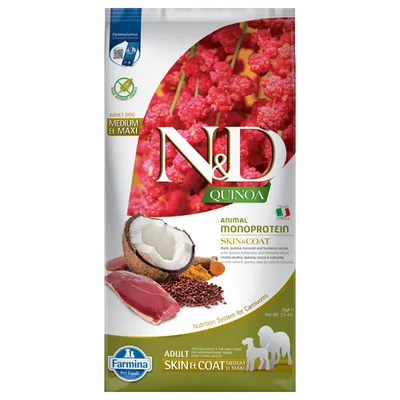 N&D Quinoa Adult Dog Medium & Maxi, Animal Monoprotein Skin & Coat avec canard, quinoa, noix de coco et curcuma. Pour chiens adultes. Farmina Pet Foods.