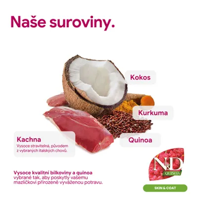 Prísady: kačica, kokos, kurkuma, quinoa. Kvalitné bielkoviny a quinoa pre vyváženú výživu. N&D Quinoa Skin & Coat.