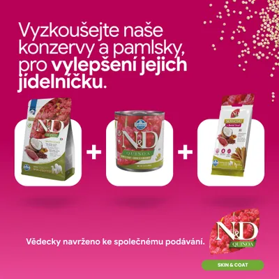 N&D Quinoa Skin & Coat suché krmivo, mokré krmivo a dentálna maškrta. Vyvinuté na vylepšenie jedálnička. Vedecky navrhnuté na spoločné kŕmenie.