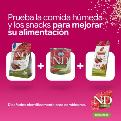 N&D Quinoa Skin & Coat pienso, comida húmeda y snack dental. Desarrollado científicamente para combinar y ofrecer una mejor nutrición. N&D Quinoa Skin & Coat pienso, comida húmeda y snack dental. Desarrollado científicamente para combinar y ofrecer una mejor nutrición.