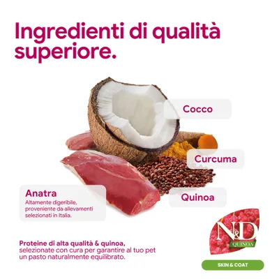 Componenti di alta qualità: anatra dall'Italia, cocco, curcuma e quinoa. N&D Quinoa Skin & Coat. Pasto ricco di proteine ed equilibrato per pet.