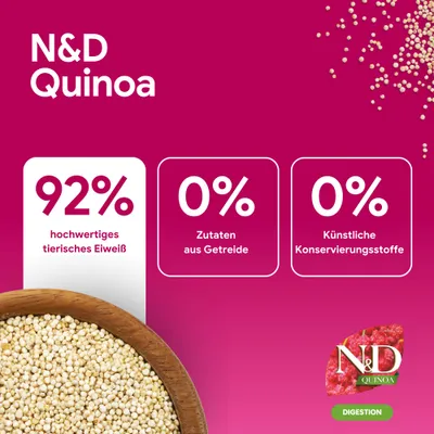 N&D Quinoa: 92% hochwertiges tierisches Eiweiß, 0% Zutaten aus Getreide, 0% künstliche Konservierungsstoffe. DIGESTION.