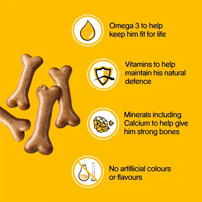 Omega 3 to help keep him fit for life, Vitamins to help maintain his natural defence, Minerals including Calcium to help give him strong bones, No artificial colours or flavours. Tekst w języku angielskim.