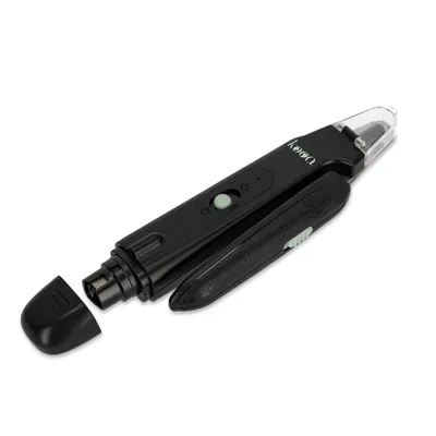 Koooa elektrisches Nagelpflegegerät in Schwarz mit abnehmbarer Schutzkappe und grünem Bedienknopf. Geeignet für präzise Pflege von Haustiernägeln.