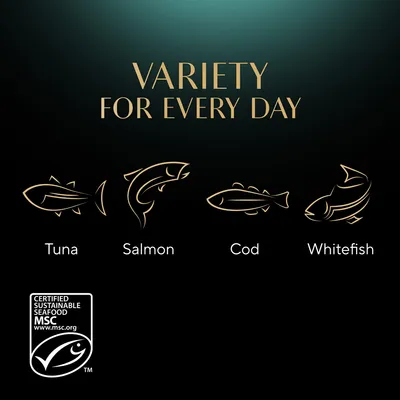 Testo in inglese: Variety for every day. Illustrazioni di pesce con nomi: Tuna, Salmon, Cod, Whitefish. Certificato MSC Certified Sustainable Seafood www.msc.org.