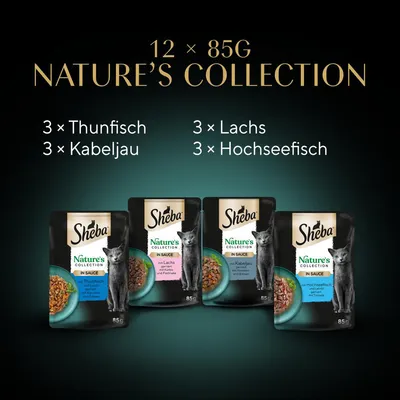 Sheba Nature’s Collection 12 x 85 g, assortiment : 3 Thunfisch, 3 Kabeljau, 3 Lachs, 3 Hochseefisch. Texte en allemand sur l’image.