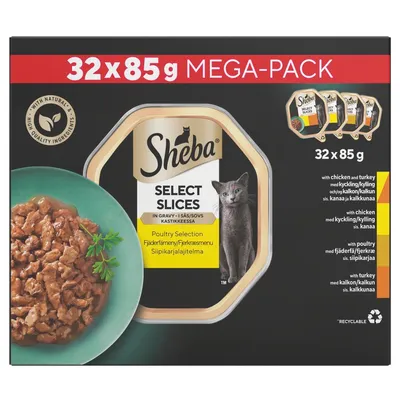 Sheba Select Slices in gravy, poultry selection mega-pack, 32 x 85g. Includes chicken, turkey and poultry varieties. Made with natural, high quality ingredients. Recyclable packaging.