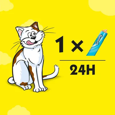 Feeding guide showing one Creamy stick per 24 hours with an illustrated cat beside the product and dosage information.