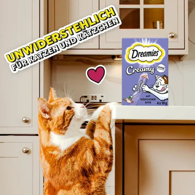 Dreamies Creamy mit köstlicher Ente, ohne Zuckerzusatz. Unwiderstehlich für Katzen und Kätzchen. Verpackung zeigt 4 x 10g Portionsbeutel.