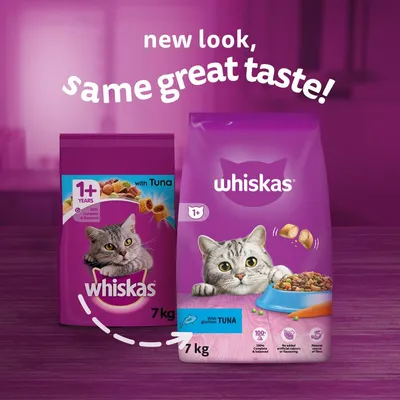 Image shows Whiskas 7kg tuna cat food with updated packaging. Text reads: new look, same great taste. Both old and new bags are visible, highlighting the change in design.