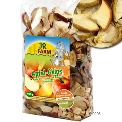 Sachet de 100 g JR Farm Apfel-Chips, chips de pommes pour animaux, étiquette multilingue avec illustrations de fruits et animaux, mention 'natural', snack complémentaire.