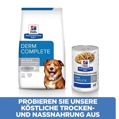 Hill's Prescription Diet Derm Complete Trocken- und Nassnahrung für Hautpflege und Nahrungsmittelunverträglichkeiten. Veterinär empfohlen.