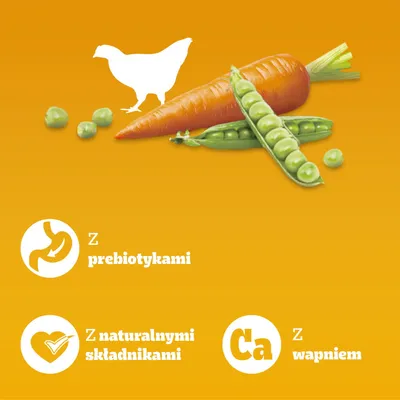 Marchew, groch i sylwetka kurczaka. Tekst: Z prebiotykami, z naturalnymi składnikami, z wapniem. Marchew, groch i sylwetka kurczaka. Tekst: Z prebiotykami, z naturalnymi składnikami, z wapniem.