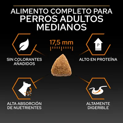 Alimento completo para perros adultos medianos. Sin colorantes añadidos, alto en proteína, alta absorción de nutrientes, altamente digerible. Tamaño de croqueta: 17,5 mm.