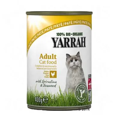 Yarrah 100% Bio Organic Adult Cat food, Paté, Huhn Poulet Kip Pollo, with Spirulina & Seaweed, 400 g dåse. Synlig grøn certificeringsmærke.
