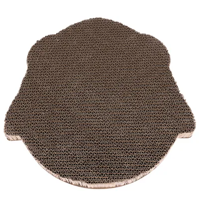 Griffoir en carton ondulé marron, forme de tête d’animal vue du dessus, surface texturée visible.