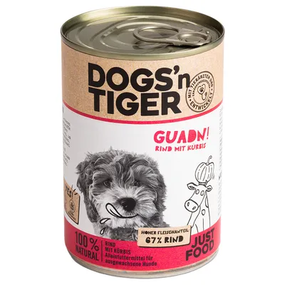 Dogs'n Tiger GUADN! Rind mit Kürbis. Hoher Fleischanteil: 67% Rind. 100% natural. Alleinfuttermittel für ausgewachsene Hunde. Mit Tierärzten entwickelt.
