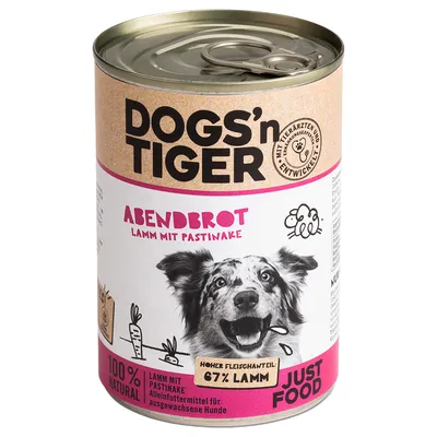 Dogs'n Tiger Abendbrot Lamm mit Pastinake, hoher Fleischanteil 67% Lamm, 100% natural, Alleinfuttermittel für ausgewachsene Hunde.