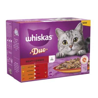 Whiskas Duo Meaty Combos in jelly, 12 pack with lamb and duck, chicken and liver, game and turkey, beef and poultry. Dual protein. New product.