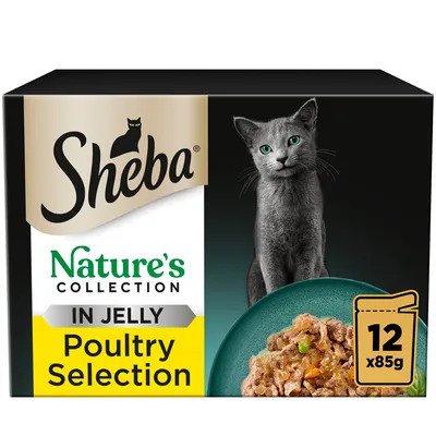 Sheba Nature's Collection in Jelly Poultry Selection, 12 x 85g pouches shown on packaging with food in bowl.