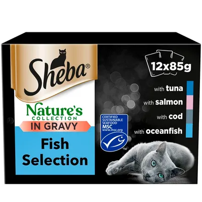 Sheba Nature's Collection Fish Selection in Gravy, 12 x 85g pouches with tuna, salmon, cod and ocean fish. Certified sustainable seafood MSC.