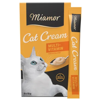 Miamor Cat Cream Multi-Vitamin für Vitalität, mit Spurenelementen, 6x16g. Abgebildet sind Verpackung und Einzelstick. Miamor Cat Cream Multi-Vitamin für Vitalität, mit Spurenelementen, 6x16g. Abgebildet sind Verpackung und Einzelstick.