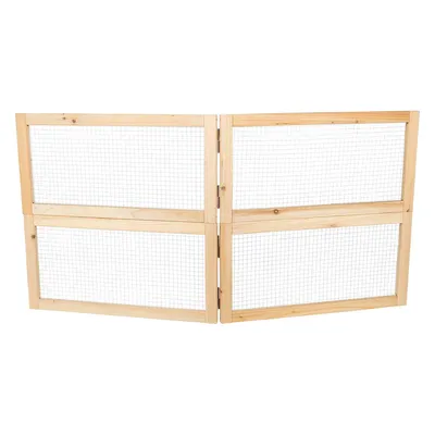 Cornice in legno con griglia in metallo, pieghevole e adatta come divisorio o barriera protettiva.