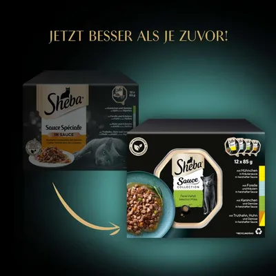 Comparaison de deux emballages Sheba : ancien design 'Sauce Spéciale' et nouveau 'Sheba Sauce Collection', 12 x 85 g, avec variétés poulet, truite, lapin, dinde. Texte en haut : 'JETZT BESSER ALS JE ZUVOR!'.