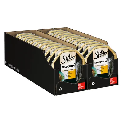 Sheba Selection in Sauce, veal and turkey, 2x11x85g, total weight 1.87kg. Packaging with recycling symbol and 'New' label.