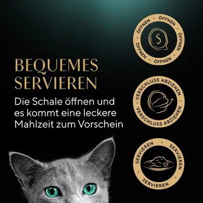 Bequemes Servieren: Die Schale öffnen und es kommt eine leckere Mahlzeit zum Vorschein. Symbole zeigen Öffnen, Verschluss abziehen und Servieren.