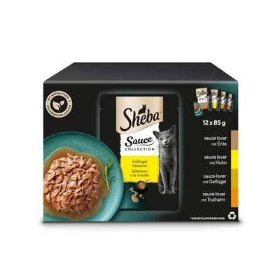 Sheba Sauce Collection, Geflügel Variation, 12 x 85g. Visible text: sauce lover mit Ente, Huhn, Geflügel, Truthahn. Image of cat and bowl with meat in sauce on packaging.