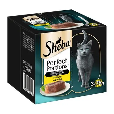 Sheba Perfect Portions kattenvoer, edele paté met kip, 3 x 75 g, totaal 225 g. Verpakking toont portie paté op een bord en kat. Tekst in Duits en Frans zichtbaar.