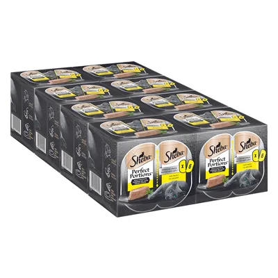 Sheba Perfect Portions Fresh Mix with chicken, pack of 6 portions. Packaging design shows a grey cat and served pâté.