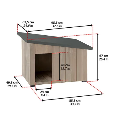 Faház méretekkel: szélesség 85,5 cm, magasság 67 cm, mélység 62,5 cm. Bejárat magassága 40 cm, szélessége 24 cm. Tető túlnyúlás elöl 95,5 cm, hátul 49,5 cm.