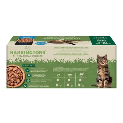 Harringtons adult cat food box showing key features: 80% freshly prepared fish and meat, 100% animal protein, grain free, enriched with taurine. Includes feeding guide for different weights.