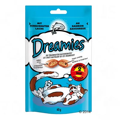 Dreamies grickalice za mačke s lososom, 60 g. Tekst: manje od 2 kcal po komadu. Prikaz hrskave vanjštine i kremaste unutrašnjosti. Tekst na njemačkom i francuskom jeziku.