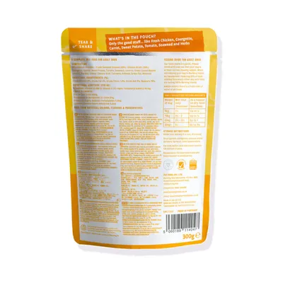 Back of pet food pouch showing ingredients list, feeding guide for adult dogs by weight, storage instructions, and daily recommended amounts in grams.