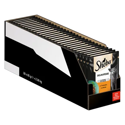 Sheba Delikatesse in Gelee mit Truthahn, Packung mit 28 x 85 g, Gesamtgewicht 2,38 kg. Verpackung zeigt Katze und Produktbild.