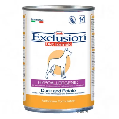 Dorado Exclusion Diet Formula Hypoallergenic Duck and Potato vådfoder til hund, tekst: Product of Italy, Grain Free, Veterinary Formulation, 1+1. Dåse med hundesilhuet.