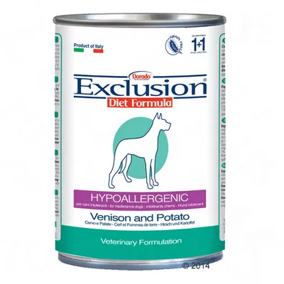 Dorado Exclusion Diet Formula dåse med tekst: Hypoallergenic, Venison and Potato, Veterinary Formulation. Produkt fra Italien. Illustration af hund på forsiden.