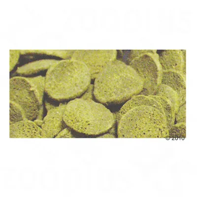 Zbliżenie na okrągłe, płaskie granulki karmy dla zwierząt w kolorze jasnozielonym. Widoczna struktura powierzchni.