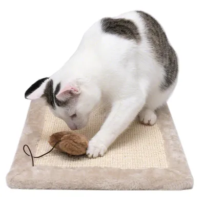 Weisse Katze spielt mit einer braunen Stoffmaus auf einem beigen Kratzbrett mit Plüschrand.