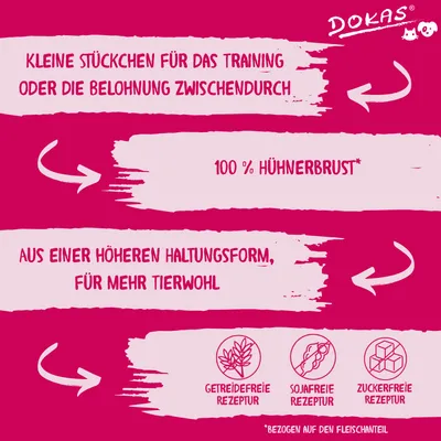 Dokas. Kleine Stückchen für Training oder Belohnung, 100% Hühnerbrust aus höherer Haltungsform. Getreidefreie, sojafreie, zuckerfreie Rezeptur. Bezogen auf den Fleischanteil.