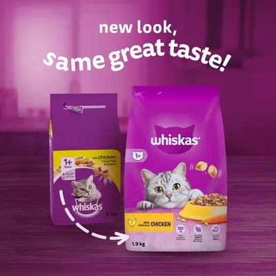 Image shows Whiskas 1+ Years with chicken, highlighting new packaging design and the message 'new look, same great taste'. Two bags are shown: old 2kg and new 1.9kg pack.