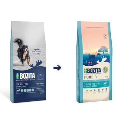 Confronto tra due confezioni di crocchette Bozita Grain Free Lamm/Lamb per cani adulti: vecchio e nuovo design, entrambi con testo visibile 'Single Protein' e peso 12,5 kg e 11 kg.