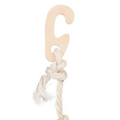 Jouet pour animal composé d’un crochet en bois clair et d’une corde nouée en fibres naturelles, extrémités effilochées visibles.