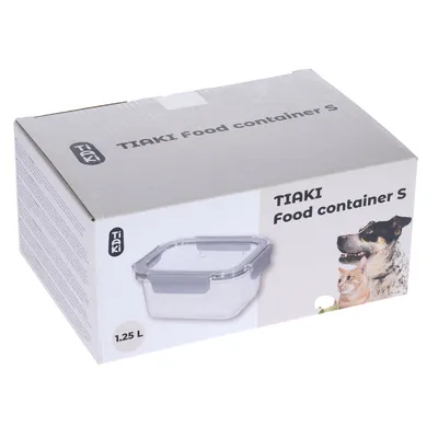 TIAKI voedselcontainer S, 1,25 l, transparante bewaardoos met grijs deksel voor dierenvoer. Verpakking toont hond en kat.