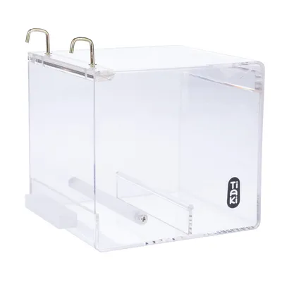 Tiaki acrylic box with two metal hooks, transparent design, rectangular shape.