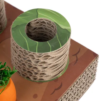 Cylindre en carton ondulé avec bord vert, posé sur une base rectangulaire en carton. Partie d’un jouet ou griffoir pour animaux visible, sans marque apparente.